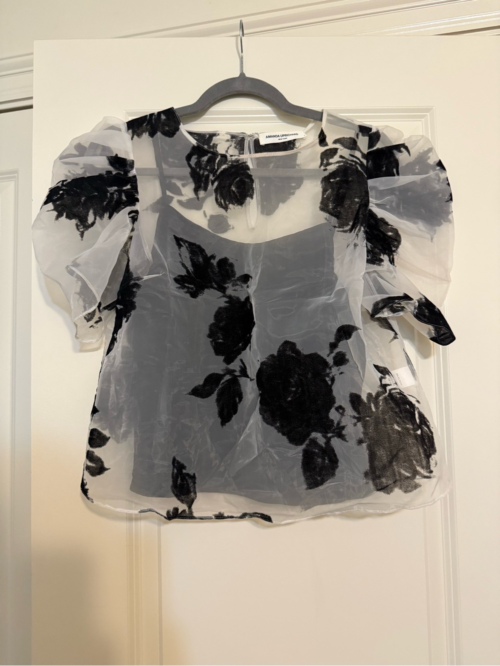 Amanda Uprichard Sheer White Organza Blouse with Black Floral Flocking in Velvet